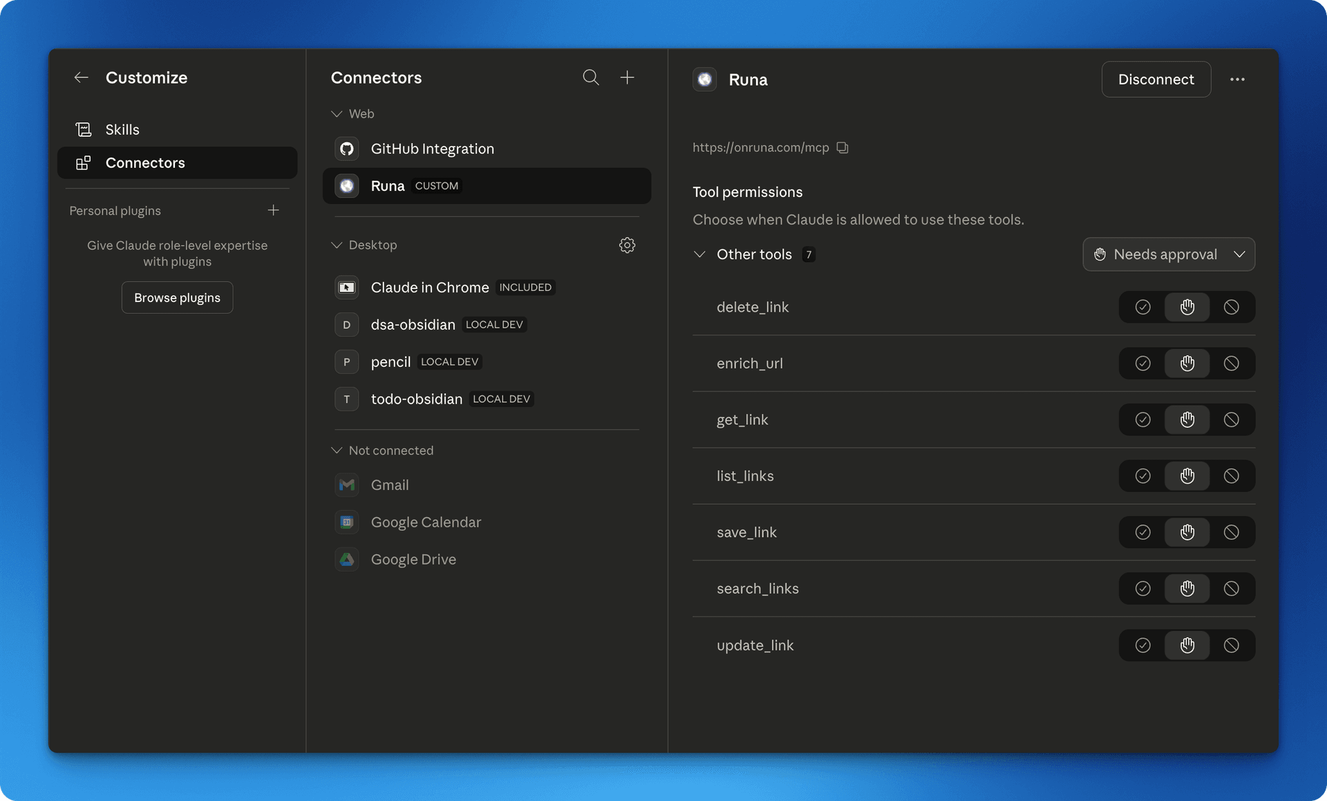 Runa MCP Server connected in Claude Desktop